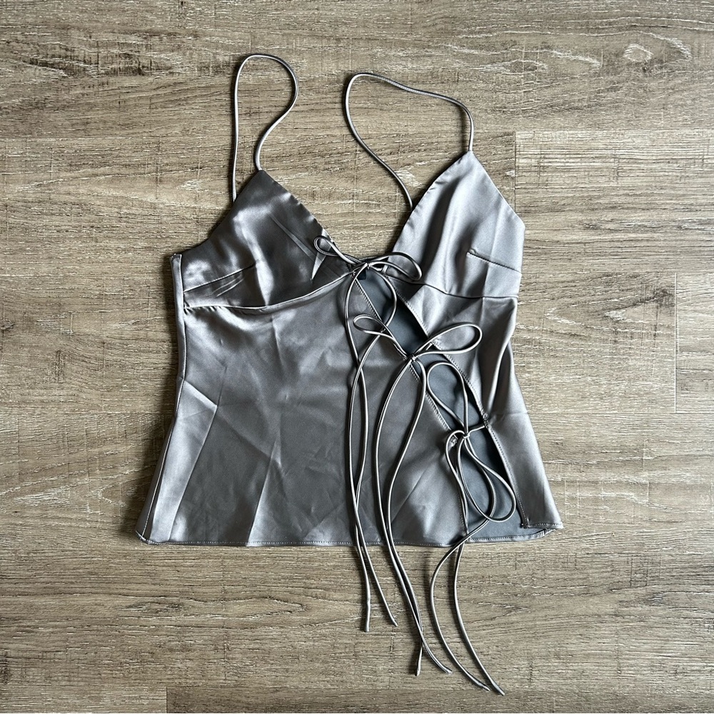 Lioness Silver Satin Lace-Up Cami Tank Top